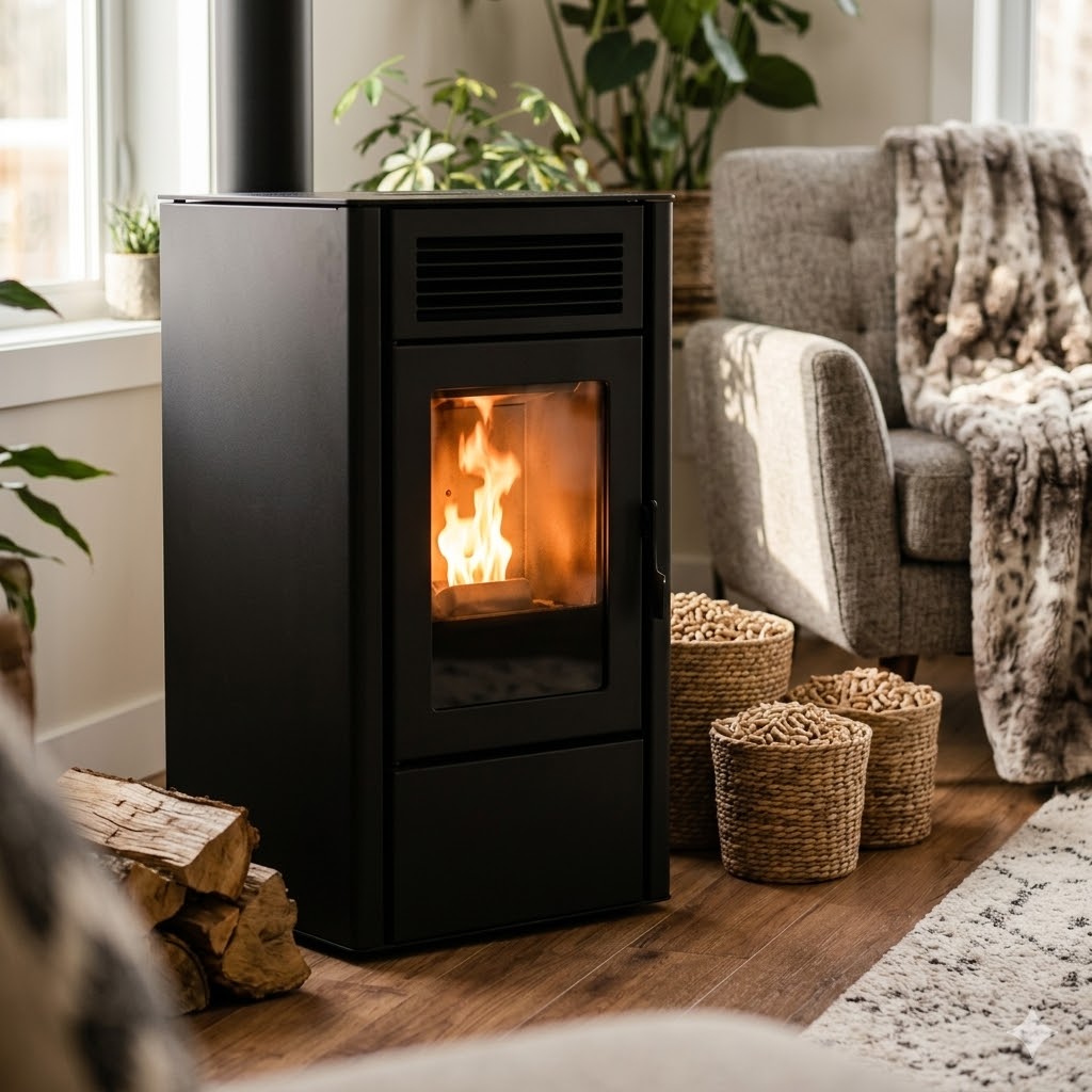 Ambiance cocooning avec un poêle à granulés moderne et programmable installé par un chauffagiste RGE LR Chauffage