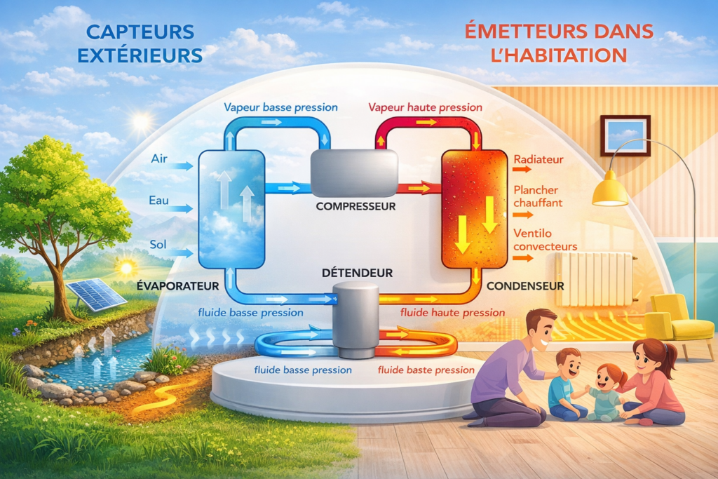 Schéma technique expliquant le fonctionnement d'une pompe à chaleur air-eau pour le chauffage domestique